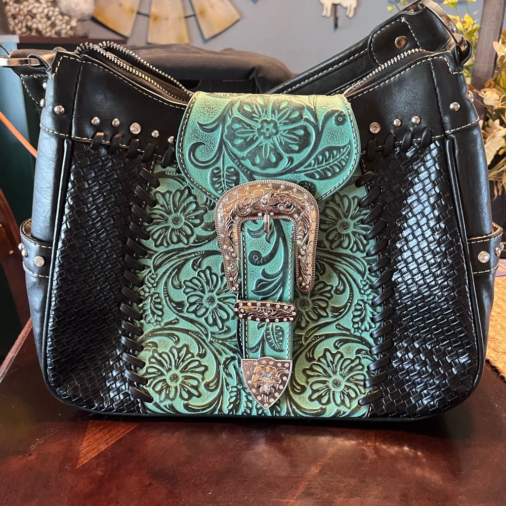 Black and Green Embossed Leather Bag